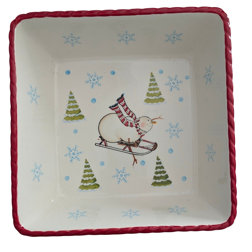 Graces Pantry Christmas Snowman Square Serving Bowl Red Polka Dot 8 Inch Ceramic
